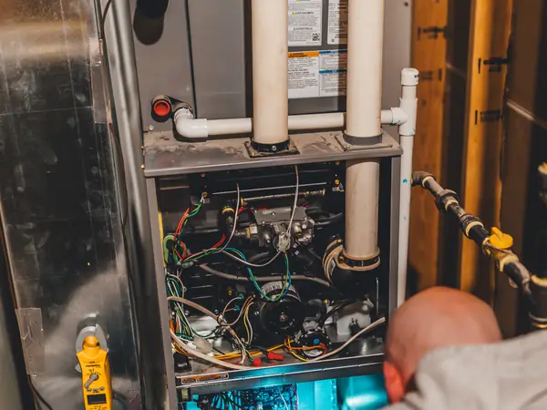Technicians working on a furnace and its air system